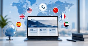 Business team reviewing multilingual website content for international customers